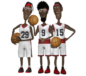 3 black basketball digital puppets. 1 male, 1 female, 1 bearded male