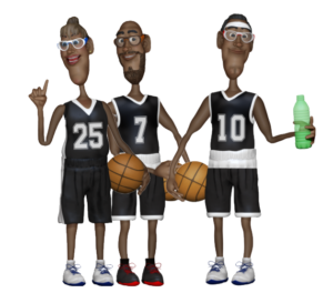 3 Latino basketball player digital puppets, one male, one female, one bearded male