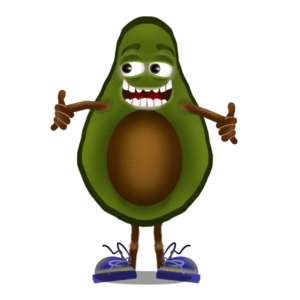 Adobe Character Animator fully rigged digital puppet is a slice of kiwi fruit with expressive eyes and blue shoes.