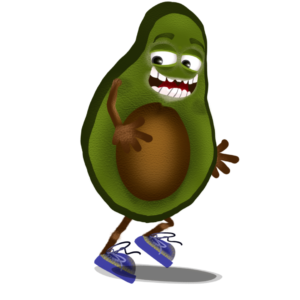 Digital download walk behavior for Adobe Character Animator digital puppet is a slice of walking avocado fruit with expressive eyes and blue shoes.