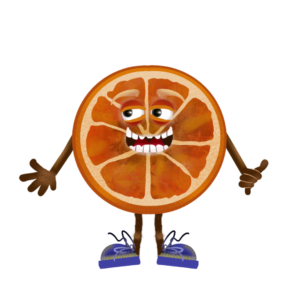 Digital download for Adobe Character Animator, fully rigged digital puppet is an orange slice with expressive eyes and blue shoes.