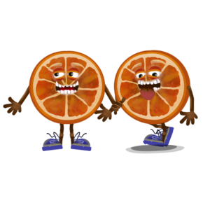 Digital downloads for Adobe Character Animator fully rigged digital puppet is an orange slice with expressive eyes and blue shoes and a walking orange.