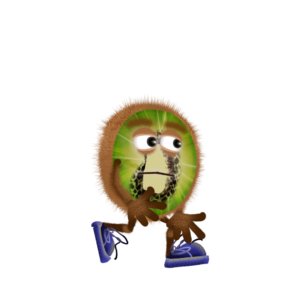 Walk behavior for Adobe Character Animator digital puppet is a slice of walking kiwi fruit with expressive eyes and blue shoes.