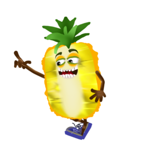 Walk behavior for Adobe Character Animator digital puppet is a slice of walking pineapple fruit with expressive eyes and blue shoes.