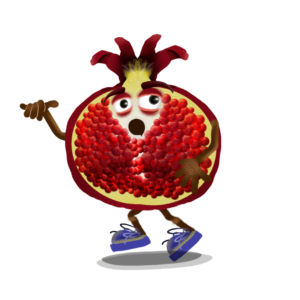 Walk behavior for Adobe Character Animator digital puppet is a slice of walking pomegranate fruit with expressive eyes and blue shoes.