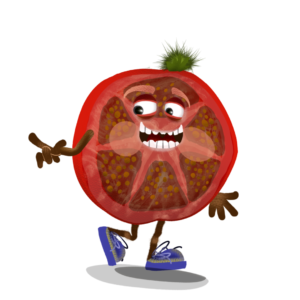 Walk behavior for Adobe Character Animator digital puppet is a slice of walking tomato with expressive eyes and blue shoes.